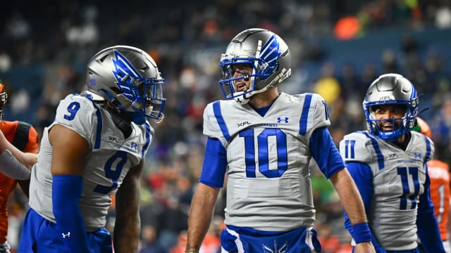Feb 23, 2023; Seattle, WA, USA; St. Louis Battlehawks quarterback AJ McCarron (10) celebrates after scoring a touchdown against the Seattle Sea Dragons during the first half at Lumen Field. Mandatory Credit: Steven Bisig-USA TODAY Sports